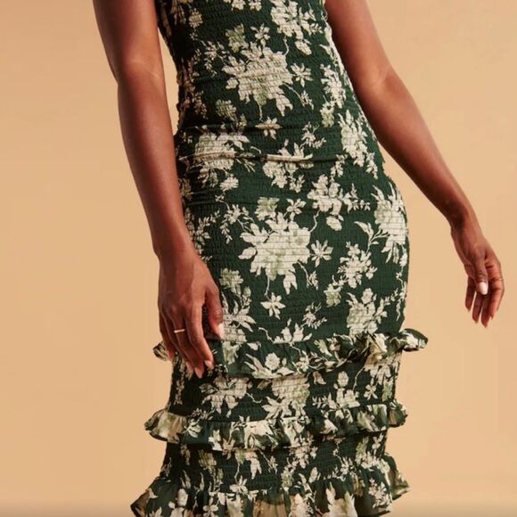 Abercrombie & Fitch Olive Floral Ruffle Midi Dress - Picture 3 of 7